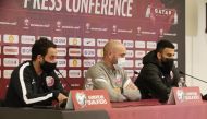 Qatar coach Felix Sanchez (centre) and Al Sadd goalkeeper Saad Al Dossari (right) during the press conference, yesterday.