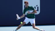 Daniil Medvedev of Russia hits a forehand against Yen-Hsun Lu of Chinese Paipei (not pictured) in the second round in the Miami Open at Hard Rock Stadium. Geoff Burke-USA TODAY Sports