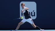 Alexander Bublik of Kazakhstan hits a forehand against Jannik Sinner of Italy (not pictured) in a men's singles quarterfinal in the Miami Open at Hard Rock Stadium. Geoff Burke-USA TODAY Sports