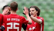 RB Leipzig's Marcel Sabitzer celebrates scoring their fourth goal Pool via REUTERS/Cathrin Mueller