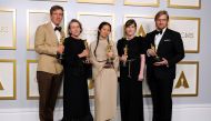 Peter Spears, Frances McDormand, Chloe Zhao, Mollye Asher and Dan Janvey, winners of the award for best picture for 