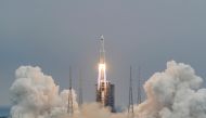 FILE PHOTO: The Long March-5B Y2 rocket, carrying the core module of China's space station Tianhe, takes off from Wenchang Space Launch Center in Hainan province, China April 29, 2021. China Daily via REUTERS 