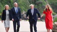 Britain's Prime Minister Boris Johnson, his wife Carrie Johnson and U.S. President Joe Biden with first lady Jill Biden walk outside Carbis Bay Hotel, Carbis Bay, Cornwall, Britain June 10, 2021. (REUTERS/Toby Melville)
