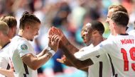Soccer Football - Euro 2020 - Group D - England v Croatia - Wembley Stadium, London, Britain - June 13, 2021 England's Raheem Sterling celebrates scoring their first goal with Kalvin Phillips Pool via REUTERS/Carl Recine
