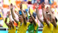 Ukraine players celebrate after the match Pool via REUTERS/Marko Djurica