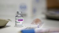 A vial of AstraZeneca coronavirus vaccine is seen at a vaccination centre in Westfield Stratford City shopping centre, amid the outbreak of coronavirus disease (COVID-19), in London, Britain, February 18, 2021. REUTERS/Henry Nicholls//File Photo