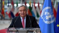 Secretary-General of the United Nations Antonio Guterres addresses the media as he arrives on the first day of the European Union summit at The European Council Building in Brussels, Belgium June 24, 2021. John Thys/Pool via REUTERS