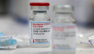 FILE PHOTO: A vial of the Moderna COVID-19 vaccine is seen at a clinic in Aschaffenburg, Germany, January 15, 2021. REUTERS/Kai Pfaffenbach/File PhotO/File Photo
