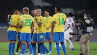 Brazil's Neymar celebrates after the match with teammates REUTERS/Amanda Perobelli