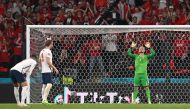England's Harry Kane prepares to take a penalty before Denmark's Kasper Schmeichel saves and Kane scores their second goal from the rebound Pool via REUTERS/Paul Ellis
