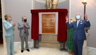 Britain's Prince Charles and Camilla, Duchess of Cornwall, stand next to Lord Andrew Lloyd Webber and Lady Madeleine Lloyd Webber as they unveil a plaque to commemorate their visit to Theatre Royal in London, Britain June 23, 2021. Tim P. Whitby/Pool via 