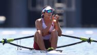 Tala Abujbara of Qatar reacts after finishing first in Women’s Single Sculls - Semifinal E/F at the Sea Forest Waterway in Tokyo, yesterday.