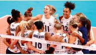 Tokyo 2020 Olympics - Volleyball - Women's Pool B - China v United States - Ariake Arena, Tokyo, Japan – July 27, 2021. Andrea Drews of the United States celebrates with teammates. REUTERS/Carlos Garcia Rawlins