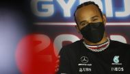 Formula One F1 - Hungarian Grand Prix - Hungaroring, Budapest, Hungary - July 29, 2021 Mercedes' Lewis Hamilton during a press conference ahead of the Hungarian Grand Prix Pool via REUTERS/Florion Goga
