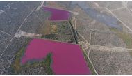 Aerial view of the Corfo lagoon, which turned pink due to chemical waste, in Trelew, Chubut, Argentina July 29, 2021. Daniel Feldman/Handout via Reuters