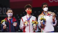 Tokyo 2020 Olympics - Badminton - Women's Singles - Medal Ceremony - MFS - Musashino Forest Sport Plaza, Tokyo, Japan - August 1, 2021. Gold medallist Chen Yufei of China, silver medallist Tai Tzu-Ying of Taiwan and bronze medallist P.V. Sindhu of India p
