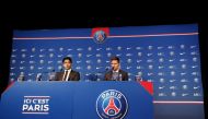 Paris St Germain's Lionel Messi and president Nasser Al-Khelaifi during the press conference REUTERS/Sarah Meyssonnier