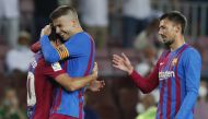 Soccer Football - LaLiga - FC Barcelona v Real Sociedad - Camp Nou, Barcelona, Spain - August 15, 2021 Barcelona's Sergi Roberto celebrates scoring their fourth goal with teammates REUTERS/Albert Gea
