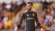 Soccer Football - Premier League - Wolverhampton Wanderers v Manchester United - Molineux Stadium, Wolverhampton, Britain - August 29, 2021 Manchester United's David De Gea reacts Action Images via Reuters/Carl Recine