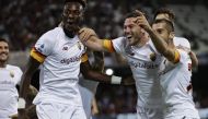Soccer Football - Serie A - Salernitana v AS Roma - Stadio Arechi, Salerno, Italy - August 29, 2021 AS Roma's Jordan Veretout celebrates scoring their second goal with Tammy Abraham and Henrikh Mkhitaryan REUTERS/Ciro De Luca
