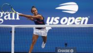 Leylah Fernandez of Canada hits a forehand against Elina Svitolina of Ukraine (not pictured) on day nine of the 2021 U.S. Open tennis tournament at USTA Billie Jean King National Tennis Center. Geoff Burke-USA TODAY Sports