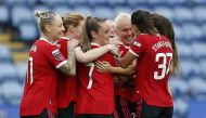 Manchester United's Maria Thorisdottir celebrates scoring their second goal with Lucy Staniforth, Ella Toone and teammates Action Images via Reuters/Craig Brough
