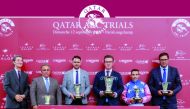 H E Sheikh Ali bin Jassim Al Thani (second left), Ambassador of Qatar to France, poses for a photograph with the connection of Ebraz, winner of the Qatar Cup - Prix Dragon (Gr 1 PA) at the Qatar-sponsored Qatar Arc Trials at ParisLongchamp.