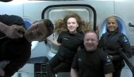 Inspiration4 crew Jared Isaacman, Sian Proctor, Hayley Arceneaux, and Chris Sembroski, seen on their first day in space in this handout photo released on September 17, 2021. SpaceX/Handout via Reuters