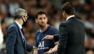 September 19, 2021 Paris St Germain coach Mauricio Pochettino with Lionel Messi as he is subsituted REUTERS/Benoit Tessier/File Photo