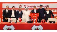 Al Rayyan President Sheikh Ali bin Saud Al Thani, new signing James Rodriguez and Al Rayyan coach Laurent Blanc along with other officials pose for a group photo after the press conference yesterday. 