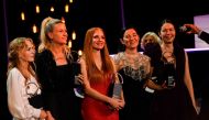 Award winners actor Flora Ofelia Hofmann Lindahl, director Tea Lindeburg, actor Jessica Chastain, producer Gabi Suciu and director and producer Alina Grigore pose for a picture during the awards ceremony at the San Sebastian Film Festival in San Sebastian