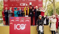 H E Sheikh Abdullah bin Khalifa Al Thani with the connection of Torquator Tasso in the presence of H R H Princess Anne after the Gestut Auenquelle-owned colt won the Qatar Prix De L’Arc De Triomphe Gr.1 at ParisLongchamp, yesterday. PIC: Zuzanna Lupa