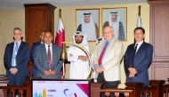 Rashid bin Ali Al Mansoori, CEO of Qatar Stock Exchange and other officials during bell ringing ceremony.