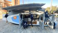Students from Eindhoven's Technical University set up Stella Vita vehicle, a solar-powered motorhome designed by Dutch students to inspire car makers and politicians to accelerate the transition toward more sustainable modes of transport, as it's is parke