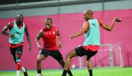 Al Rayyan's Yacine Brahimi (centre) in action with team-mates yesterday, on the eve of their  Ooredoo Cup third round match against Al Wakrah. 