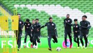 Qatar's captain Hassan Al Haydos kicks the ball during a practice session yesterday. 