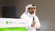 Qatar University President Dr. Hassan Rashid Al Derham addressing the awards ceremony for the first National 3MT Competition. 