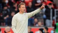 October 17, 2021 Bayern Munich coach Julian Nagelsmann gives instructions to his players REUTERS/Thilo Schmuelgen DFL