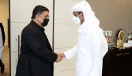 Sheikh Hamad bin Khalifa bin Ahmed Al Thani, President of the Qatar Football Association (QFA) and Sheikh Ahmed Al Eissi, President of the Yemen Football Association (YFA) shake hands.