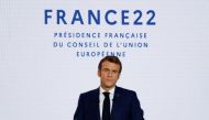French President Emmanuel Macron delivers a speech during a news conference on France assuming EU presidency, in Paris, France, December 9, 2021. Ludovic Marin/Pool via REUTERS.