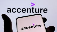 Accenture PLC logo is seen on a smartphone in front of displayed same logo in this illustration taken, December 1, 2021. REUTERS/Dado Ruvic/Illustration/File Photo