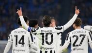 Juventus' Paulo Dybala celebrates scoring their first goal with Weston McKennie, Manuel Locatelli and teammates REUTERS/Alberto Lingria