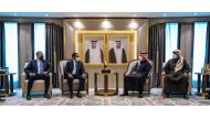 Deputy Prime Minister and Minister of Foreign Affairs H E Sheikh Mohammed bin Abdulrahman Al Thani meeting Minister of Foreign Affairs of Chad H E Mahamat Zene Cherif, in Doha, yesterday. 
