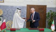 Minister of Justice H E Masoud bin Mohammed Al Amri and Algeria's Minister of Justice H E Abdul Rashid Tabbi at the MoU signing event.
