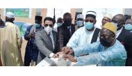 Ambassador of Qatar to Côte d'Ivoire Jaber bin Jarallah Al Marri and other officials laying the foundation stone of a healthcare facility and mosque project in Abidjan. 
