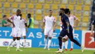  Aaron Boupendza celebrates after scoring a goal against Al Shamal.