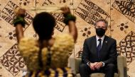 US Secretary of State Antony Blinken watches a cultural farewell ceremony during his visit to Nadi, Fiji, February 12, 2022. Reuters/Kevin Lamarque/Pool