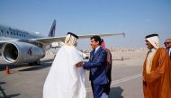 Shura Council Speaker H E Hassan bin Abdullah Al Ghanim is being received by Speaker of the Arab Parliament H E Adel bin Abdulrahman Al Asoomi and Ambassador of Qatar to Egypt H E Salem bin Mubarak Al Shafi at Cairo International Airport, yesterday. 
