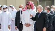 President of Algeria H E Abdelmadjid Tebboune with QOC President H E Sheikh Joaan bin Hamad Al Thani at Al Shaqab yesterday. 
