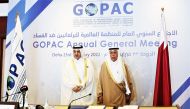 President of Global Organization of Parliamentarians Against Corruption H E Ahmad bin Abdullah bin Zaid Al Mahmoud (right) with H E Dr. Ali bin Fetais Al Marri, who has been appointed President of the organisation for the next two years.
